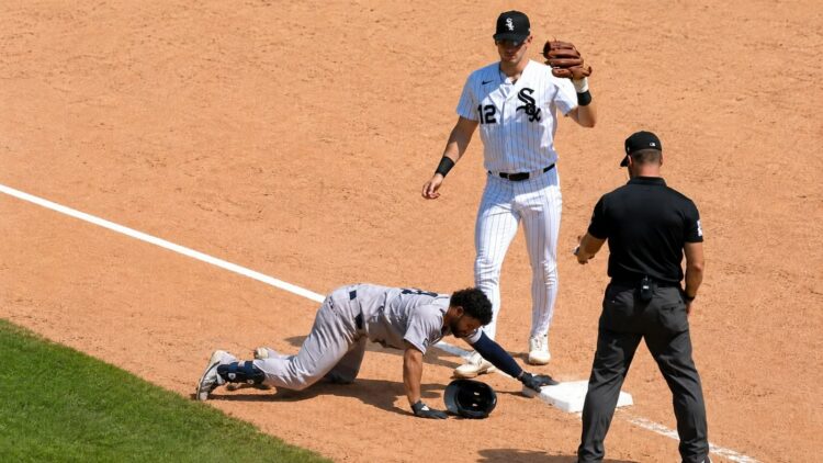 Jasson Dominguez was caught at 3B after a wrong slide during the Yankees' 2-1 extra-inning loss to the White Sox, Chicago, July 30, 2026.