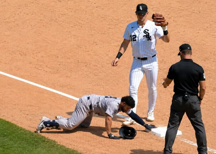 Jasson Dominguez was caught at 3B after a wrong slide during the Yankees' 2-1 extra-inning loss to the White Sox, Chicago, July 30, 2026.
