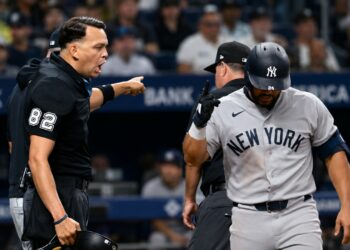Jasson Dominguez had a tiff with umpire Emil Jimenez after he was denied ABS challenge due to umpire lapse in the Yankees' 5-1 win over the Rays in Tampa, July 6, 2026.