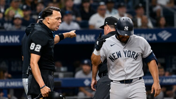 Jasson Dominguez had a tiff with umpire Emil Jimenez after he was denied ABS challenge due to umpire lapse in the Yankees' 5-1 win over the Rays in Tampa, July 6, 2026.