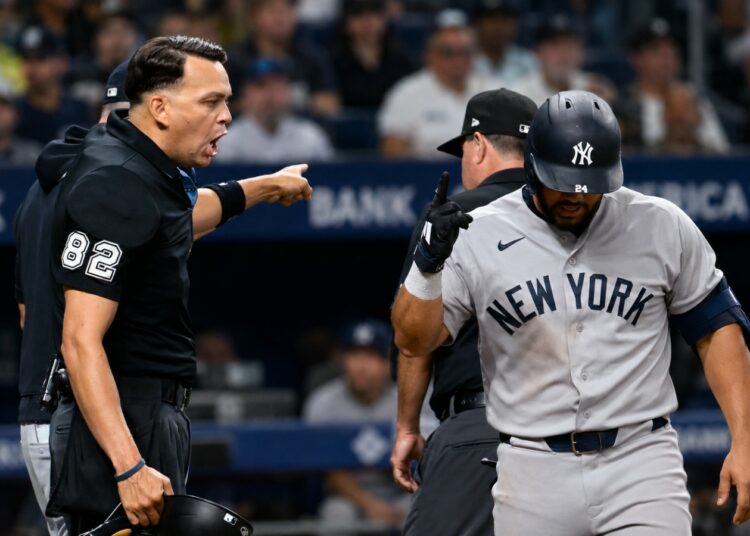 Jasson Dominguez had a tiff with umpire Emil Jimenez after he was denied ABS challenge due to umpire lapse in the Yankees' 5-1 win over the Rays in Tampa, July 6, 2026.