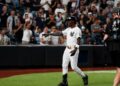 Jazz Chisholm Jr. reacts after his homer helped the Yankees beat the Dodgers 2-1 in New York, July 19, 2026.