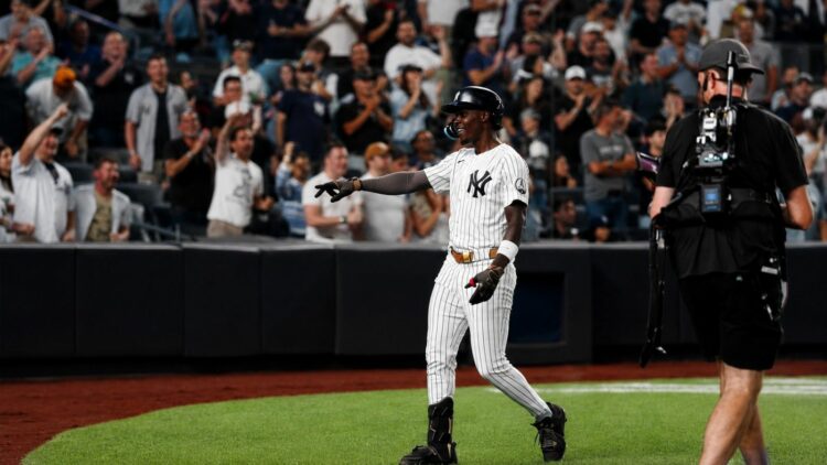 Jazz Chisholm Jr. reacts after his homer helped the Yankees beat the Dodgers 2-1 in New York, July 19, 2026.