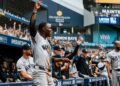 Jazz Chisholm celebrates Ben Rice's home run during the Yankees' 12-4 win over the Rays in Florida, July 9, 2026.