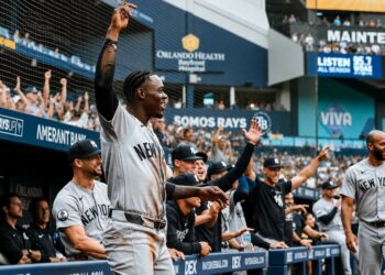 Jazz Chisholm celebrates Ben Rice's home run during the Yankees' 12-4 win over the Rays in Florida, July 9, 2026.
