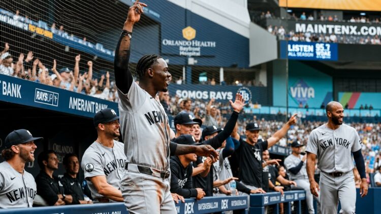 Jazz Chisholm celebrates Ben Rice's home run during the Yankees' 12-4 win over the Rays in Florida, July 9, 2026.