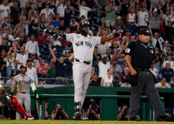 Jazz Chisholm Jr. celebrates at plate after hitting the go-ahead home run in the 9th in the Yankees' 5-3 win over the Nationals in Washington, D.C., July 10, 2026.