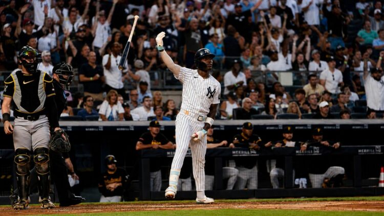 Jazz Chisholm reacts after hitting his second home run in the Yankees' 8-5 win over the Pirates, New York, July 20, 2026.
