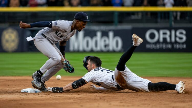 Jazz Chisholm committed a defensive error in the first inning during the Yankees' 9-5 win over the White Sox, Chicago, July 27, 2026.