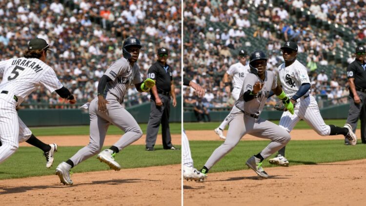 Jazz Chisholm was caught in the basepath during the Yankees' 2-1 extra-inning loss to the White Sox, Chicago, July 30, 2026.
