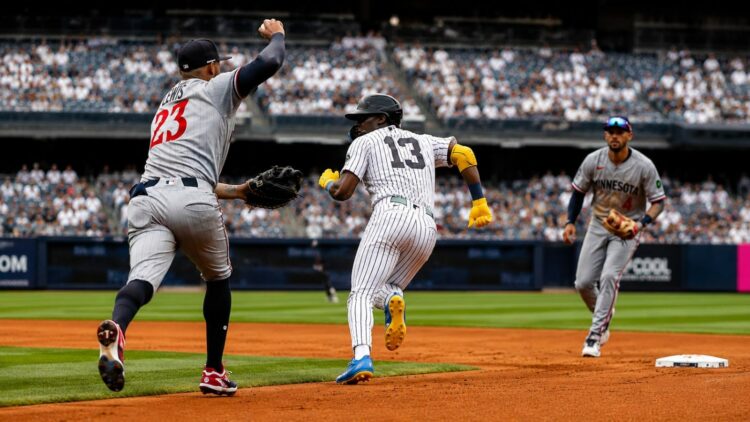 Jazz Chisholm was picked up while trying to steal a base in the Yankees' 11-4 loss to the Twins in New York, July 5, 2026.