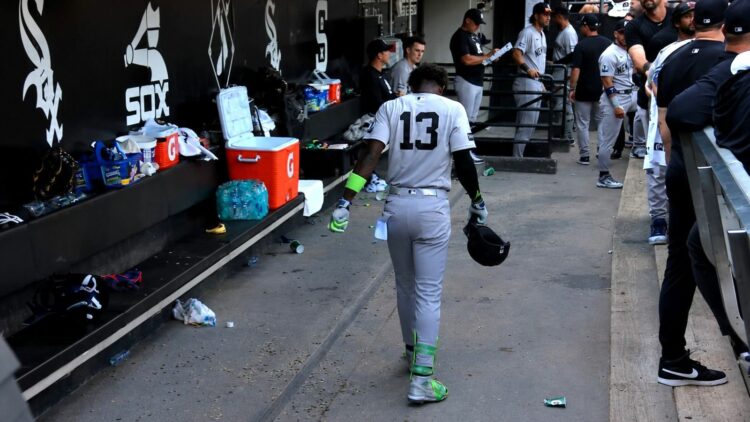 Jazz Chisholm exited in the 11th during the Yankees' 2-1 extra-inning loss to the White Sox, Chicago, July 30, 2026.