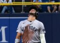 Jose Caballero reacts after caught stealing 2B in the sixth during the Yankees' 3-0 loss to the Rays in Tampa, July 8, 2026.