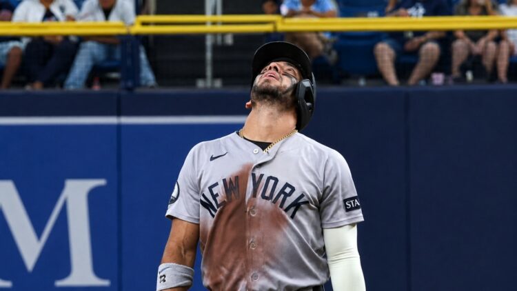 Jose Caballero reacts after caught stealing 2B in the sixth during the Yankees' 3-0 loss to the Rays in Tampa, July 8, 2026.