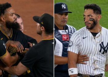 Jose Caballero and Dennis Santana had a tiff during the Yankees' 8-5 win over the Pirates, New York, July 20, 2026.