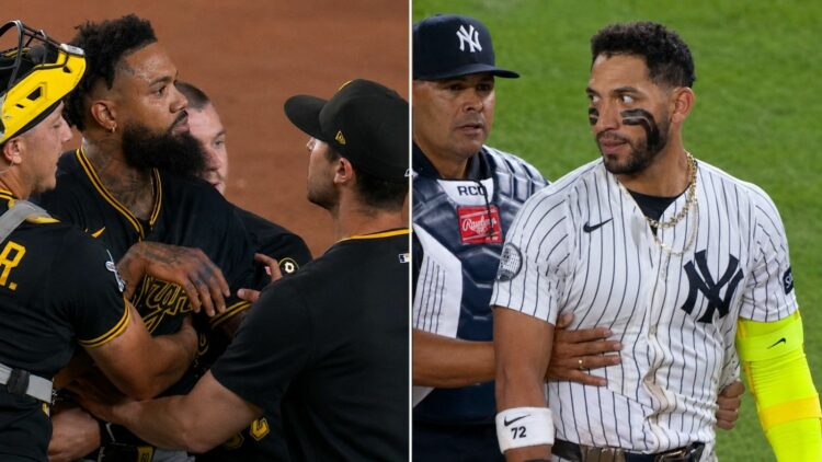 Jose Caballero and Dennis Santana had a tiff during the Yankees' 8-5 win over the Pirates, New York, July 20, 2026.