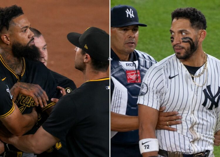 Jose Caballero and Dennis Santana had a tiff during the Yankees' 8-5 win over the Pirates, New York, July 20, 2026.