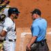 Jose Caballero argues with umpire after he was give automatic strikeout for pitch-clock violation in the Yankees' 5-3 loss to the Pirates, New York, July 22, 2026.
