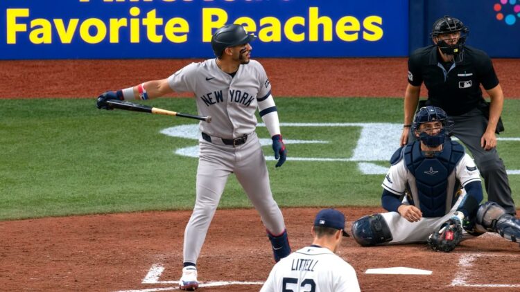 Jose Caballero flips the bat after hitting his second homer in the Yankees' 5-1 win over the Rays in Tampa, July 6, 2026.