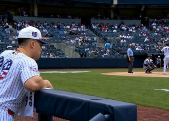 Aaron Judge watches as Cody Bellinger bats in the Yankees' 11-4 loss to the Twins in New York, July 4, 2026.