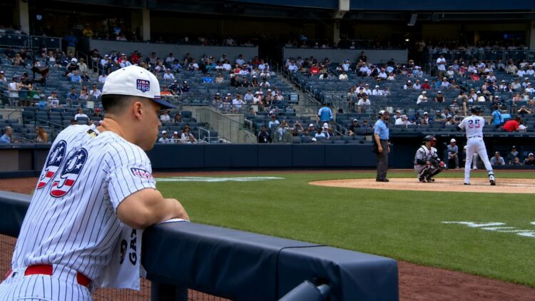 Aaron Judge watches as Cody Bellinger bats in the Yankees' 11-4 loss to the Twins in New York, July 4, 2026.