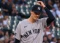 Max Fried reacts to his removal after just three innings in the Yankees' 9-5 win over the White Sox, Chicago, July 27, 2026.