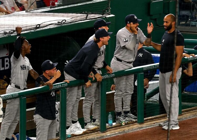 Ryan McMahon and the dugout react to Austin Wells' homer in the 9th in the Yankees' 5-3 win over the Nationals in Washington, D.C., July 10, 2026.