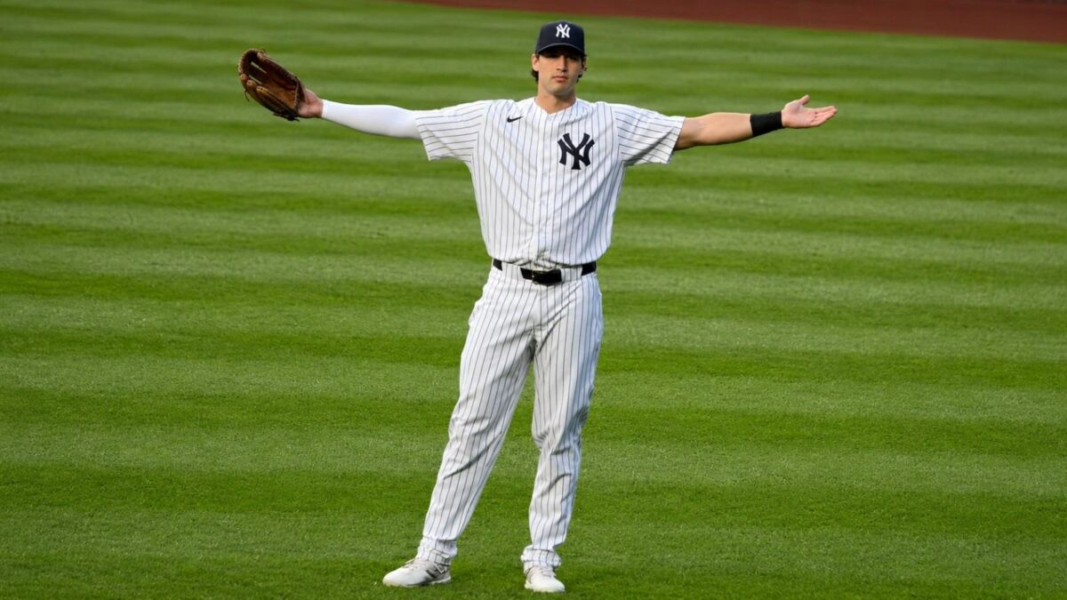 Spencer Jones poses for Yankees fans during the 5-3 loss to the Red Sox on June 5, 2026.