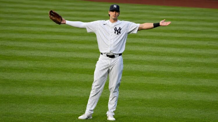 Spencer Jones poses for Yankees fans during the 5-3 loss to the Red Sox on June 5, 2026.