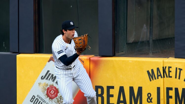 Spencer Jones in disbelief after he failed to catch a home run over the wall in the Yankees' 9-3 loss to the Tigers in New York, Jun 30, 2026.