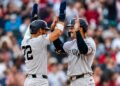 Trent Grisham celebrates with Jose Caballero after his 8th-inning go-ahead homer in the Yankees' 4-2 win over the Nationals in Washington, D.C., July 11, 2026.
