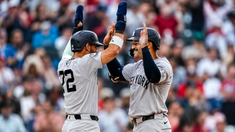 Trent Grisham celebrates with Jose Caballero after his 8th-inning go-ahead homer in the Yankees' 4-2 win over the Nationals in Washington, D.C., July 11, 2026.