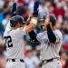 Trent Grisham celebrates with Jose Caballero after his 8th-inning go-ahead homer in the Yankees' 4-2 win over the Nationals in Washington, D.C., July 11, 2026.