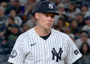 Will Warren pitches in the relief, his third ever, in the Yankees' 2-0 win over the Pirates, New York, July 22, 2026.