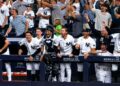 The Yankees dugout reacts to Luis Garcia Jr.'s debut homer in 13-7 loss to the Mariners, New Yor, August 3, 2026.