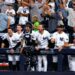 The Yankees dugout reacts to Luis Garcia Jr.'s debut homer in 13-7 loss to the Mariners, New Yor, August 3, 2026.