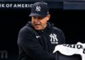 Aaron Boone reacts to Grisham's 2B tagging in the Yankees' 1-0 loss to the Mariners, New York, August 13, 2026.
