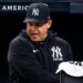 Aaron Boone reacts to Grisham's 2B tagging in the Yankees' 1-0 loss to the Mariners, New York, August 13, 2026.