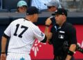 Manager Aaron Boone argues with umpire during the Yankees' 5-4 win over the Braves, New York, August 8, 2026.