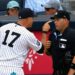 Manager Aaron Boone argues with umpire during the Yankees' 5-4 win over the Braves, New York, August 8, 2026.