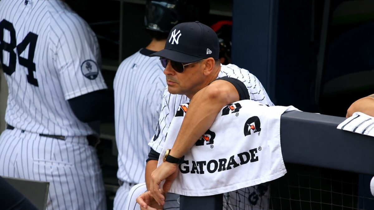 Manager Aaron Boone watches during the Yankees' 5-4 win over the Braves, New York, August 8, 2026.