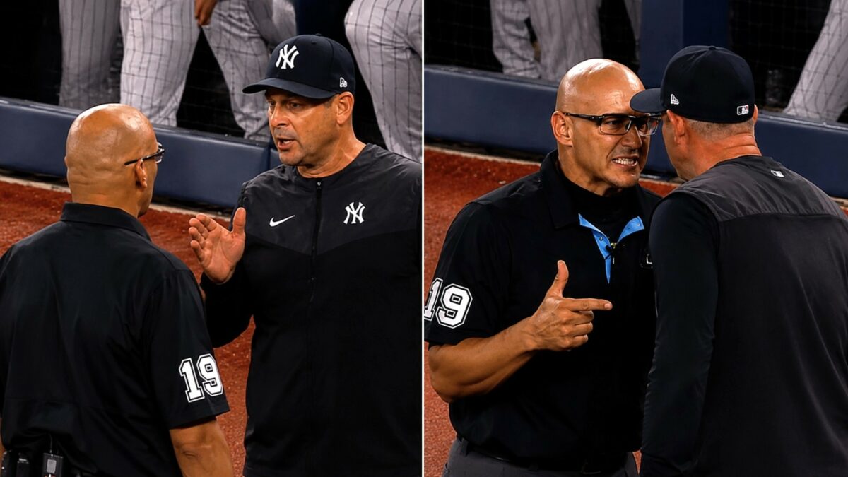 Umpire Vic Carapazza ejected Aaron Boone in the sixth in the Yankees' 3-1 loss to the Blue Jays, Toronto, August 14, 2026.