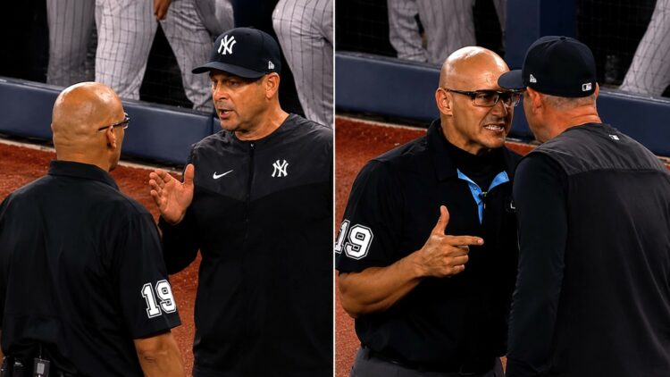 Umpire Vic Carapazza ejected Aaron Boone in the sixth in the Yankees' 3-1 loss to the Blue Jays, Toronto, August 14, 2026.