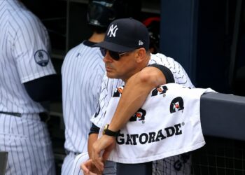 Manager Aaron Boone watches during the Yankees' 5-4 win over the Braves, New York, August 8, 2026.