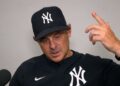 Manager Aaron Boone speaks to reporters after the Yankees' 4-1 loss to the Blue Jays, Toronto, August 15, 2026.