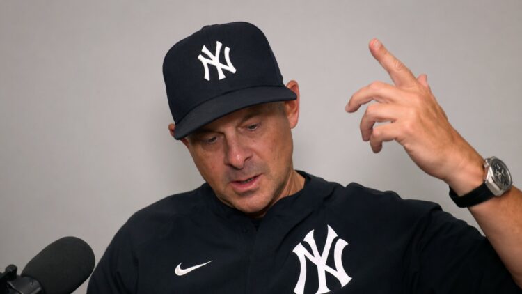 Manager Aaron Boone speaks to reporters after the Yankees' 4-1 loss to the Blue Jays, Toronto, August 15, 2026.