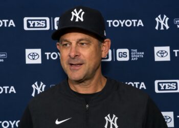Manager Aaron Boone speaks to reporters after the Yankees' 6-1 win over the Orioles, Baltimore, August 20, 2026.