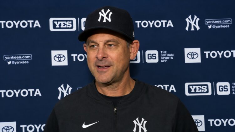 Manager Aaron Boone speaks to reporters after the Yankees' 6-1 win over the Orioles, Baltimore, August 20, 2026.