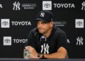 Manager Aaron Boone speaks on Ryan Weathers injury after the Yankees' 4-3 loss to the Blue Jays, New York, August 22, 2026.