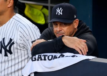Aaron Boone is seen during the Yankees' 9-7 loss to the Astros, New York, August 26, 2026.